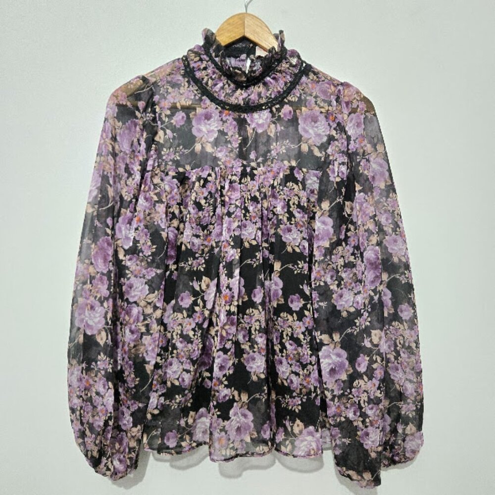 Hailey & Co Womens Dark Floral Boho Peasant Top Sz L Whimsigoth Sheer Romantic